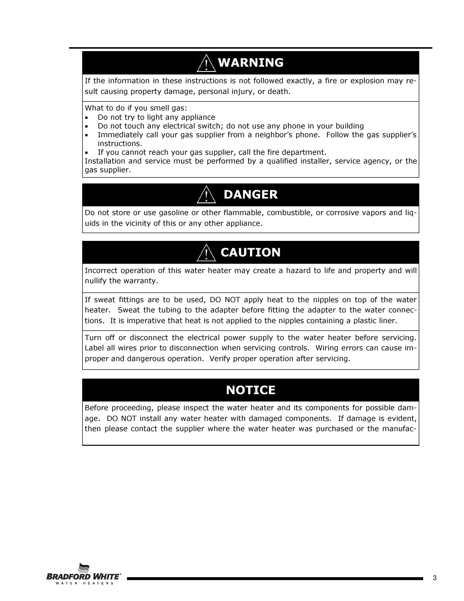 Warning, Caution, Danger | Notice | Bradford White D-4-504S6FSX User Manual | Page 3 / 40