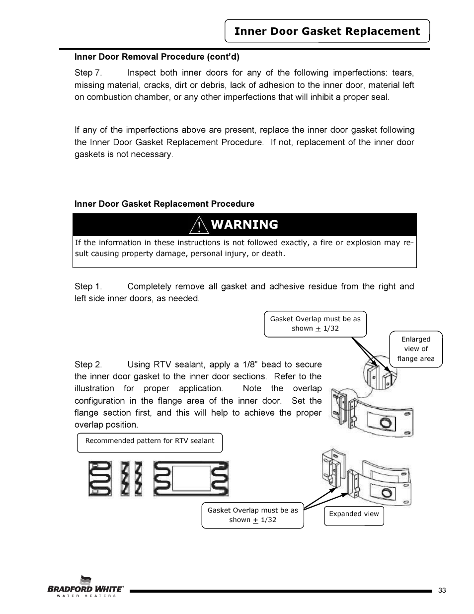 Warning, Inner door gasket replacement | Bradford White D-4-504S6FSX User Manual | Page 33 / 40