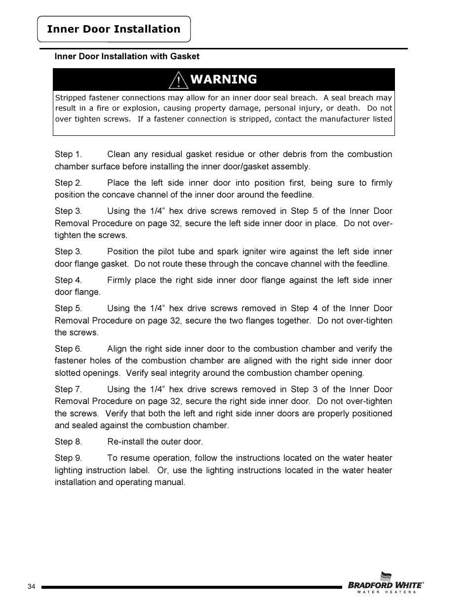 Warning | Bradford White D-4-504S6FSX User Manual | Page 34 / 40