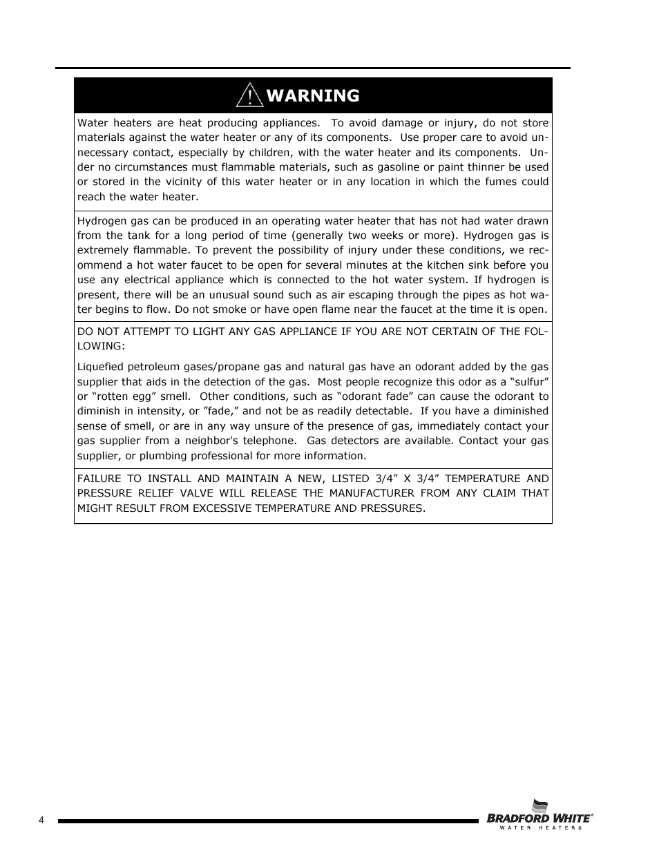 Warning | Bradford White D-4-504S6FSX User Manual | Page 4 / 40