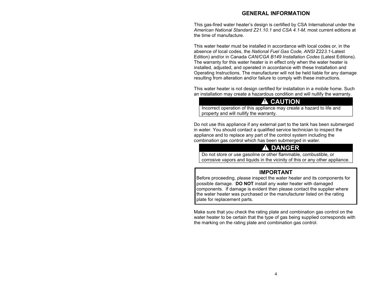 Caution, Danger | Bradford White TW4-75S-76B-3N User Manual | Page 4 / 48