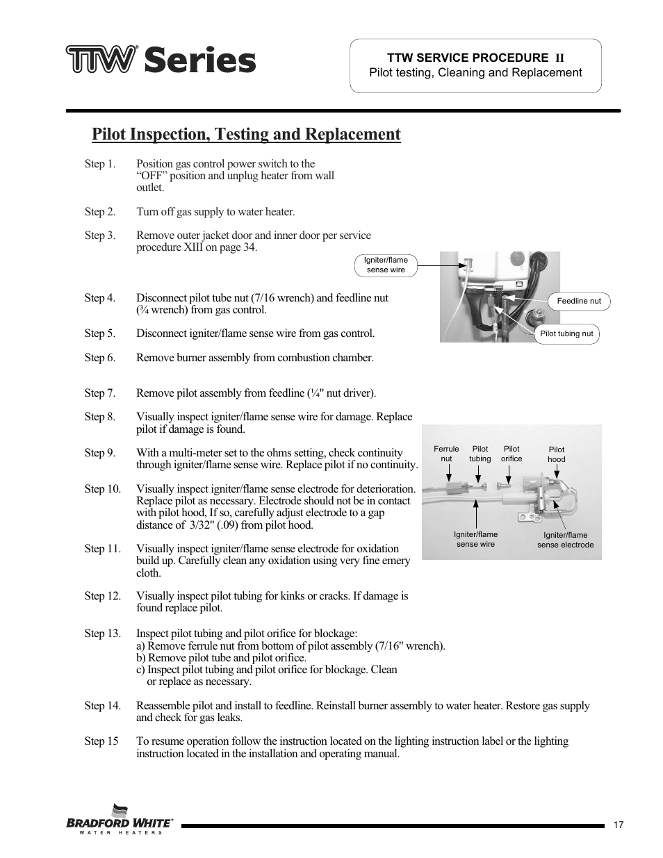 Pilot inspection, testing and replacement | Bradford White M-2-TW-75T6BN User Manual | Page 17 / 40