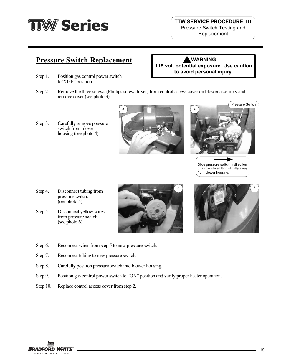 Pressure switch replacement | Bradford White M-2-TW-75T6BN User Manual | Page 19 / 40