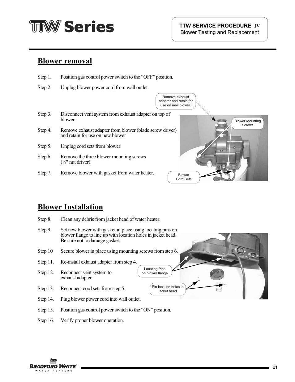 Blower removal blower installation | Bradford White M-2-TW-75T6BN User Manual | Page 21 / 40