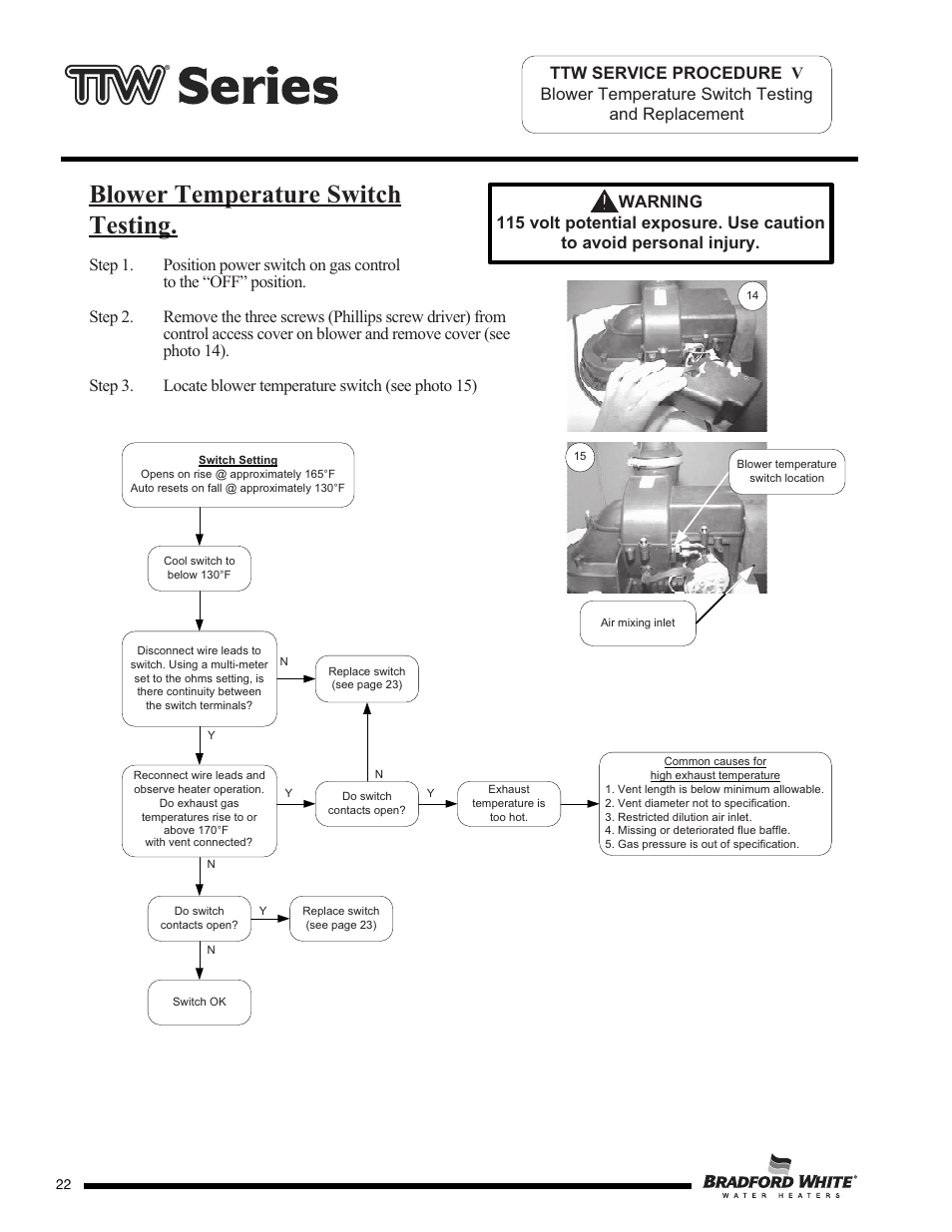 Blower temperature switch testing | Bradford White M-2-TW-75T6BN User Manual | Page 22 / 40