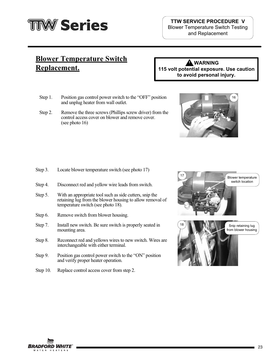 Blower temperature switch replacement | Bradford White M-2-TW-75T6BN User Manual | Page 23 / 40