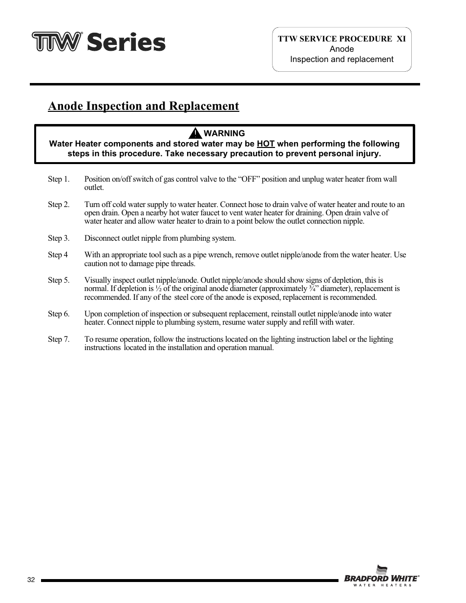 Anode inspection and replacement | Bradford White M-2-TW-75T6BN User Manual | Page 32 / 40