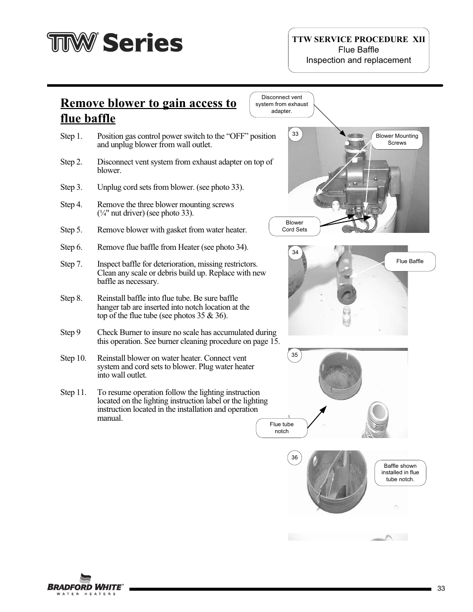 Remove blower to gain access to flue baffle | Bradford White M-2-TW-75T6BN User Manual | Page 33 / 40