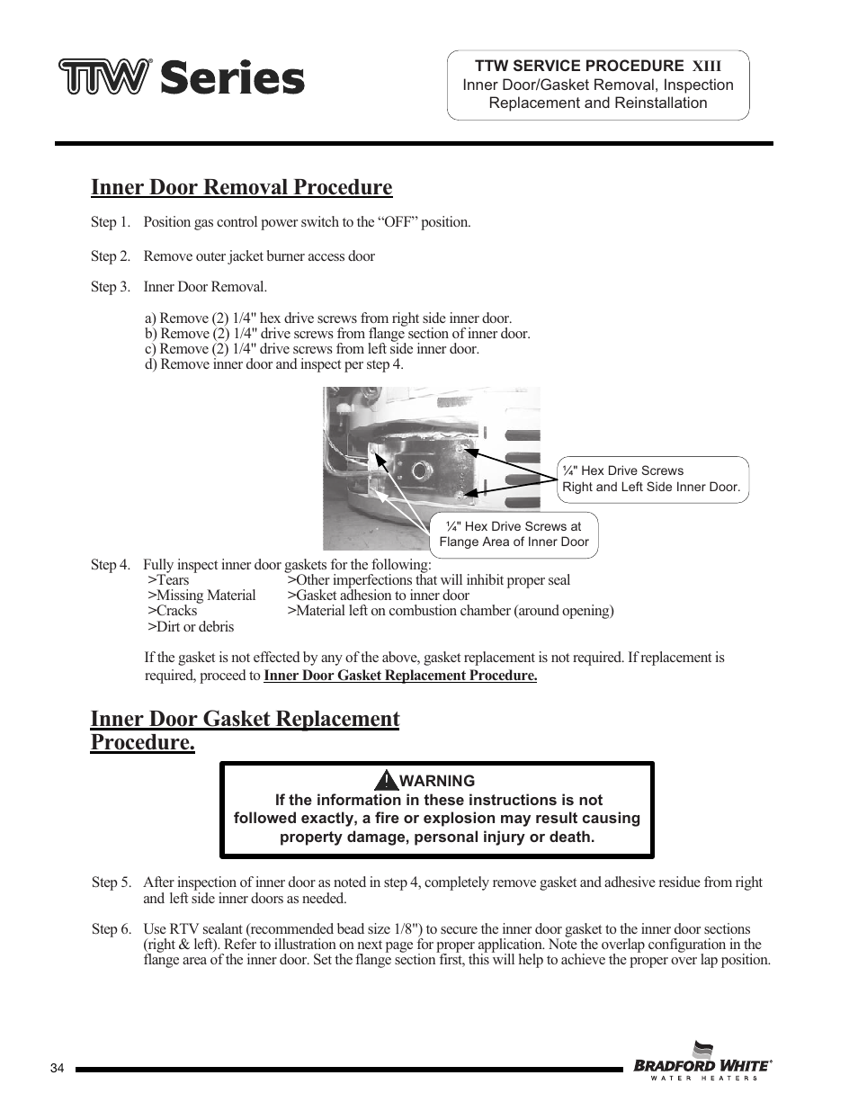Inner door removal procedure, Inner door gasket replacement procedure | Bradford White M-2-TW-75T6BN User Manual | Page 34 / 40