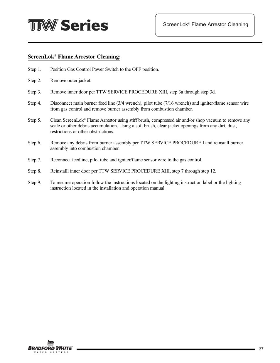 Screenlok, Flame arrestor cleaning | Bradford White M-2-TW-75T6BN User Manual | Page 37 / 40