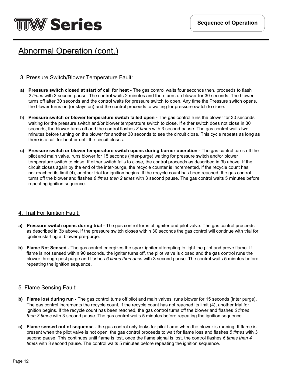 Trail for ignition fault, Flame sensing fault | Bradford White TW4-75S-76B-3X User Manual | Page 12 / 36