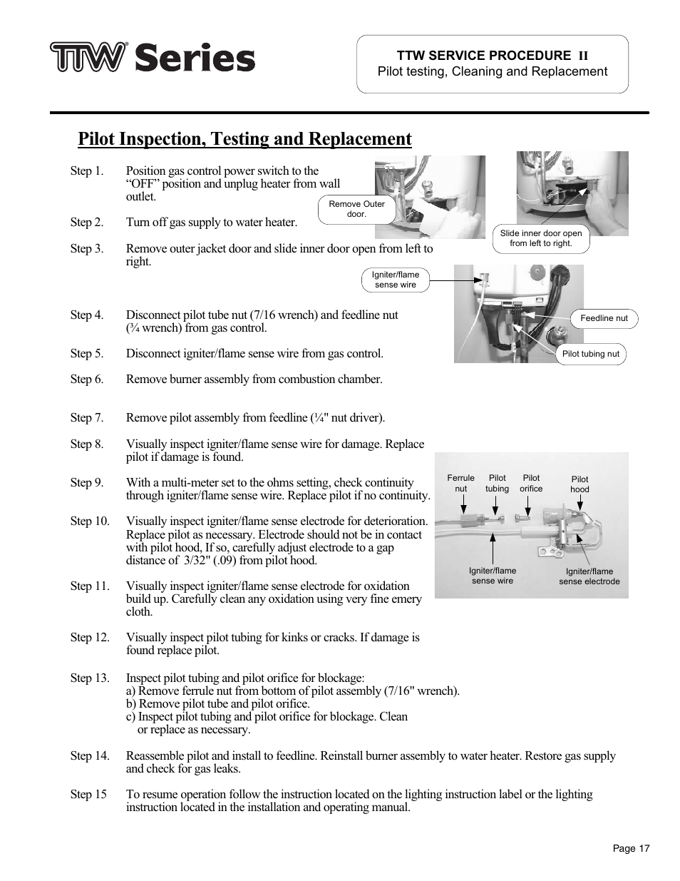 Pilot inspection, testing and replacement | Bradford White TW4-75S-76B-3X User Manual | Page 17 / 36