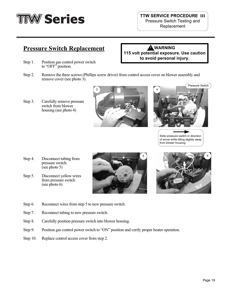 Pressure switch replacement | Bradford White TW4-75S-76B-3X User Manual | Page 19 / 36