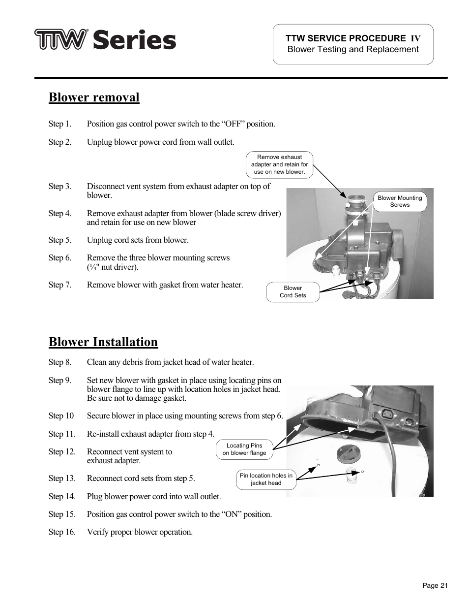 Blower removal blower installation | Bradford White TW4-75S-76B-3X User Manual | Page 21 / 36