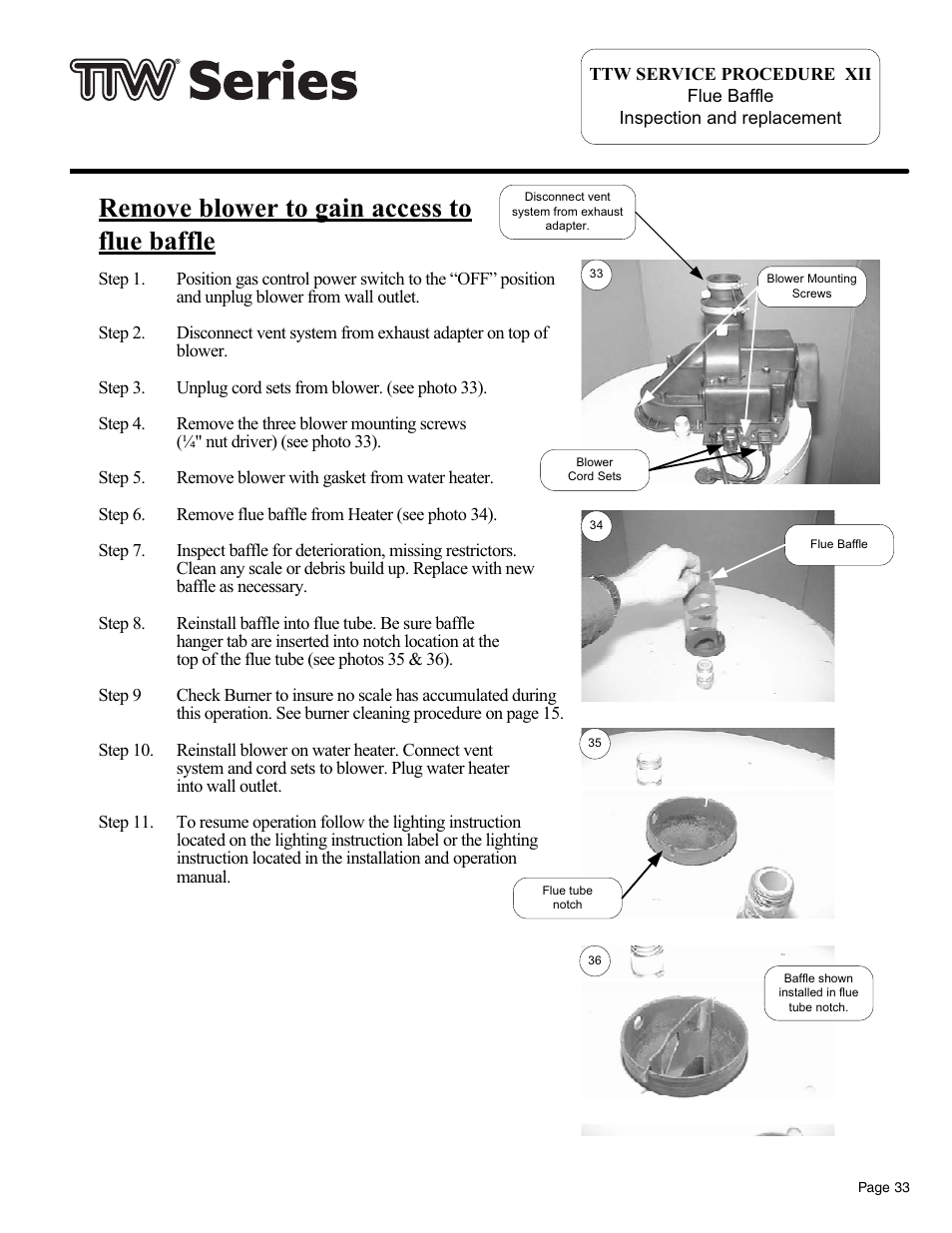 Remove blower to gain access to flue baffle | Bradford White TW4-75S-76B-3X User Manual | Page 33 / 36