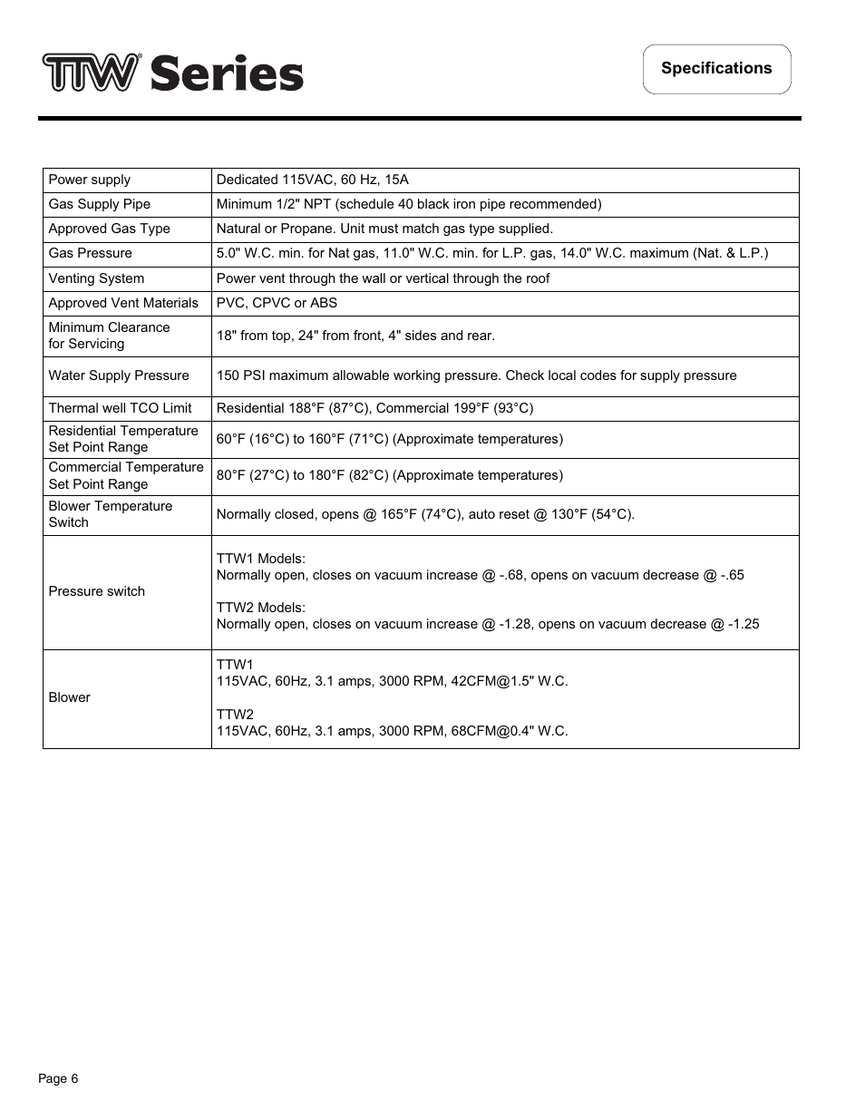 Specifications | Bradford White TW4-75S-76B-3X User Manual | Page 6 / 36