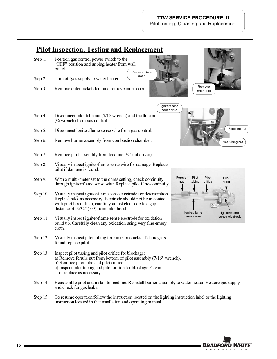 Pilot inspection, testing and replacement | Bradford White TW4-75S-76B-3X User Manual | Page 16 / 36
