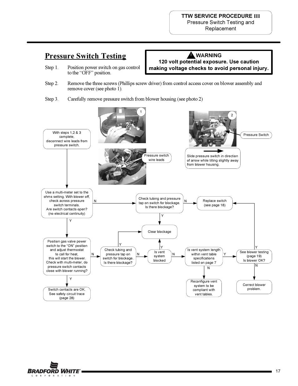 Pressure switch testing | Bradford White TW4-75S-76B-3X User Manual | Page 17 / 36
