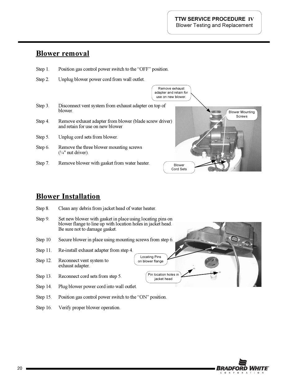 Blower removal blower installation | Bradford White TW4-75S-76B-3X User Manual | Page 20 / 36
