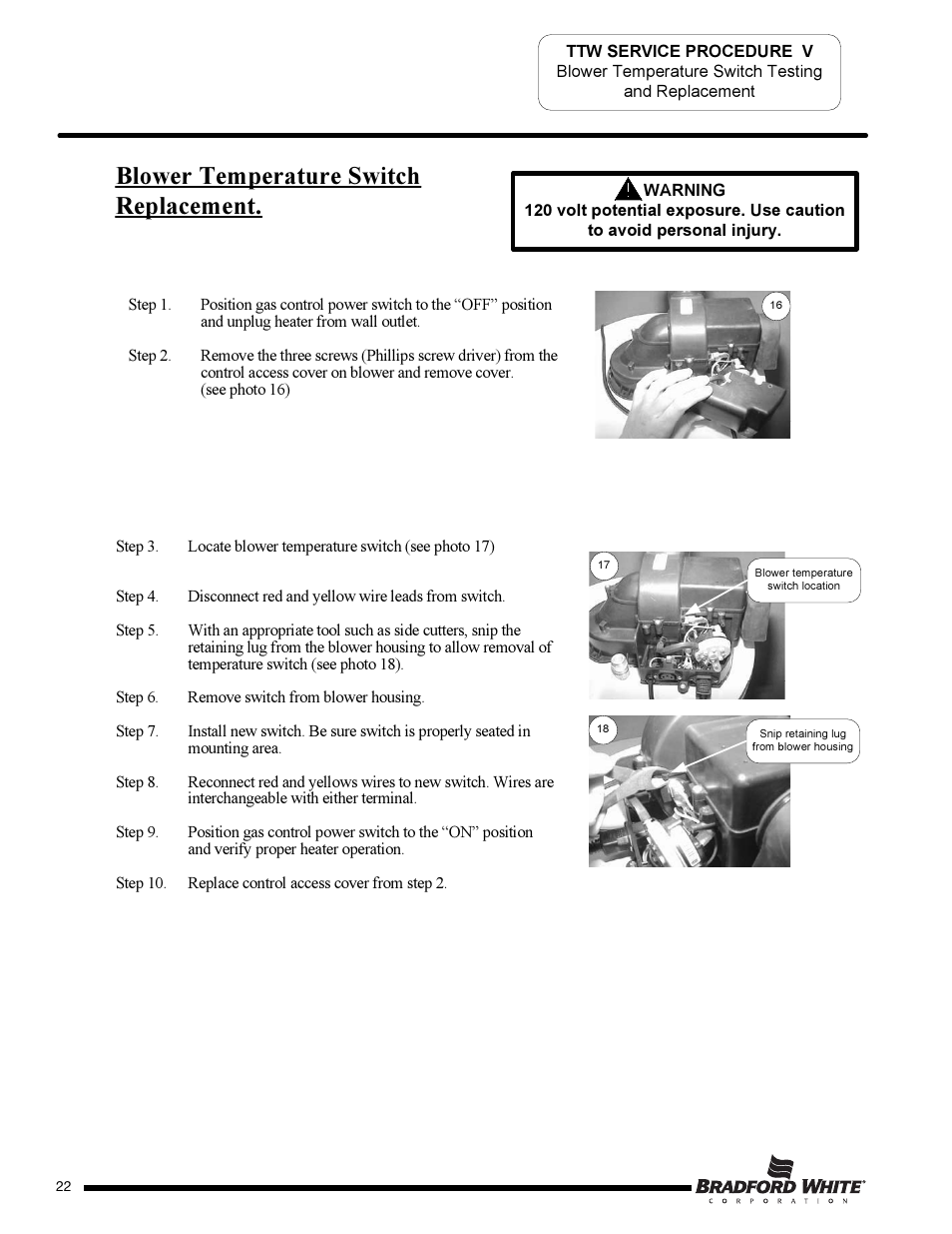 Blower temperature switch replacement | Bradford White TW4-75S-76B-3X User Manual | Page 22 / 36