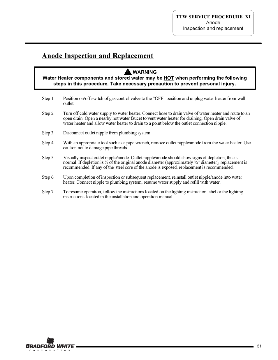 Anode inspection and replacement | Bradford White TW4-75S-76B-3X User Manual | Page 31 / 36