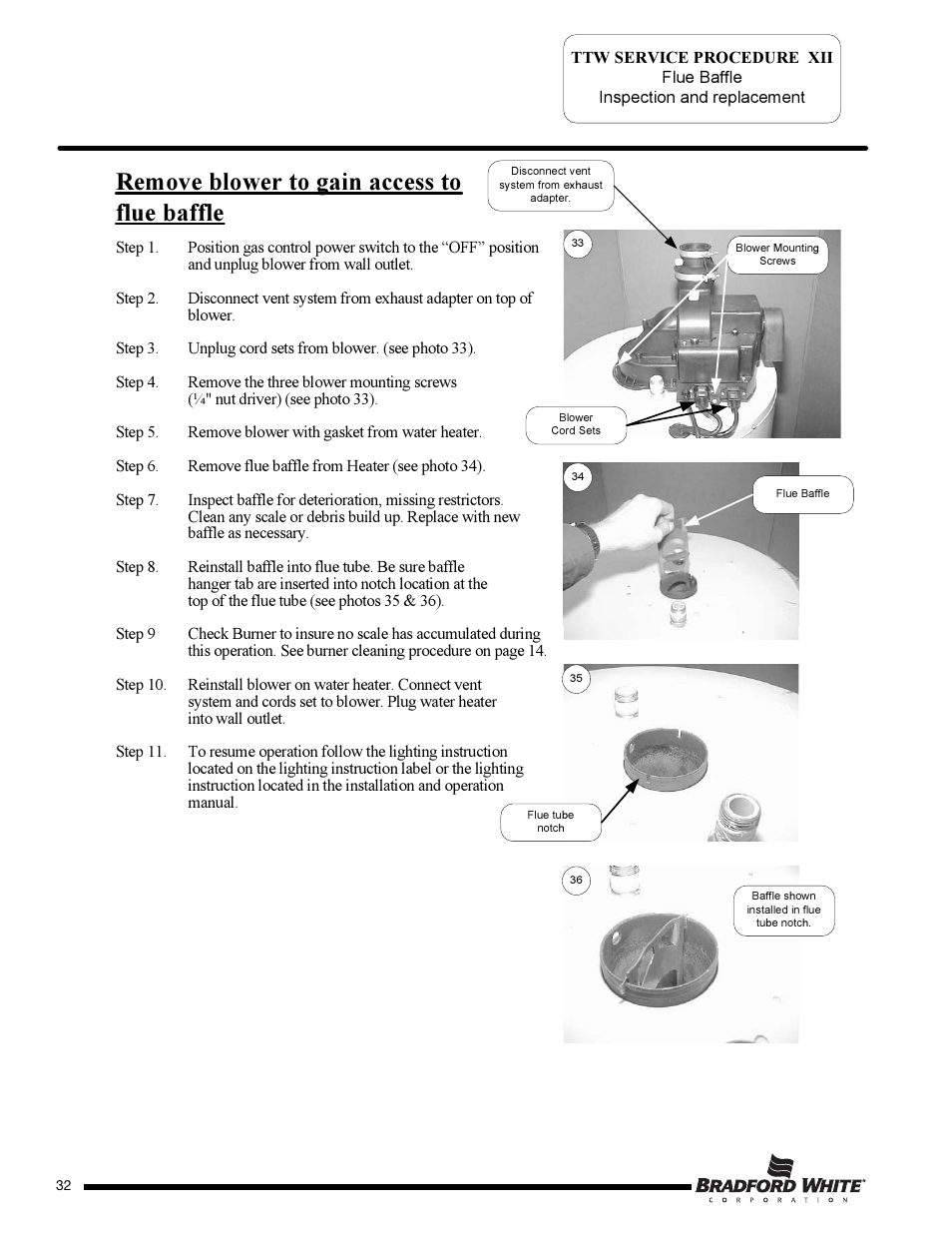 Remove blower to gain access to flue baffle | Bradford White TW4-75S-76B-3X User Manual | Page 32 / 36