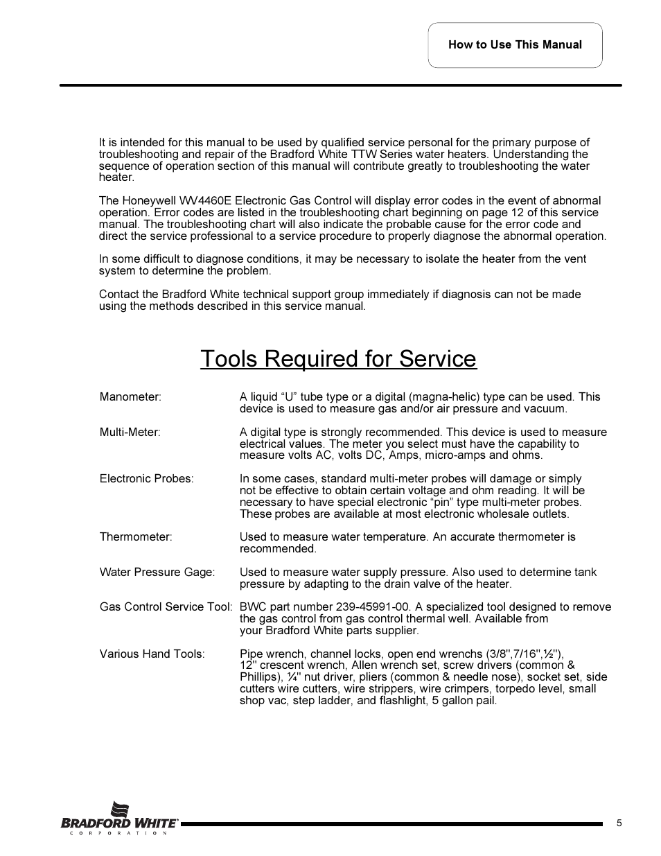 Tools required for service | Bradford White TW4-75S-76B-3X User Manual | Page 5 / 36