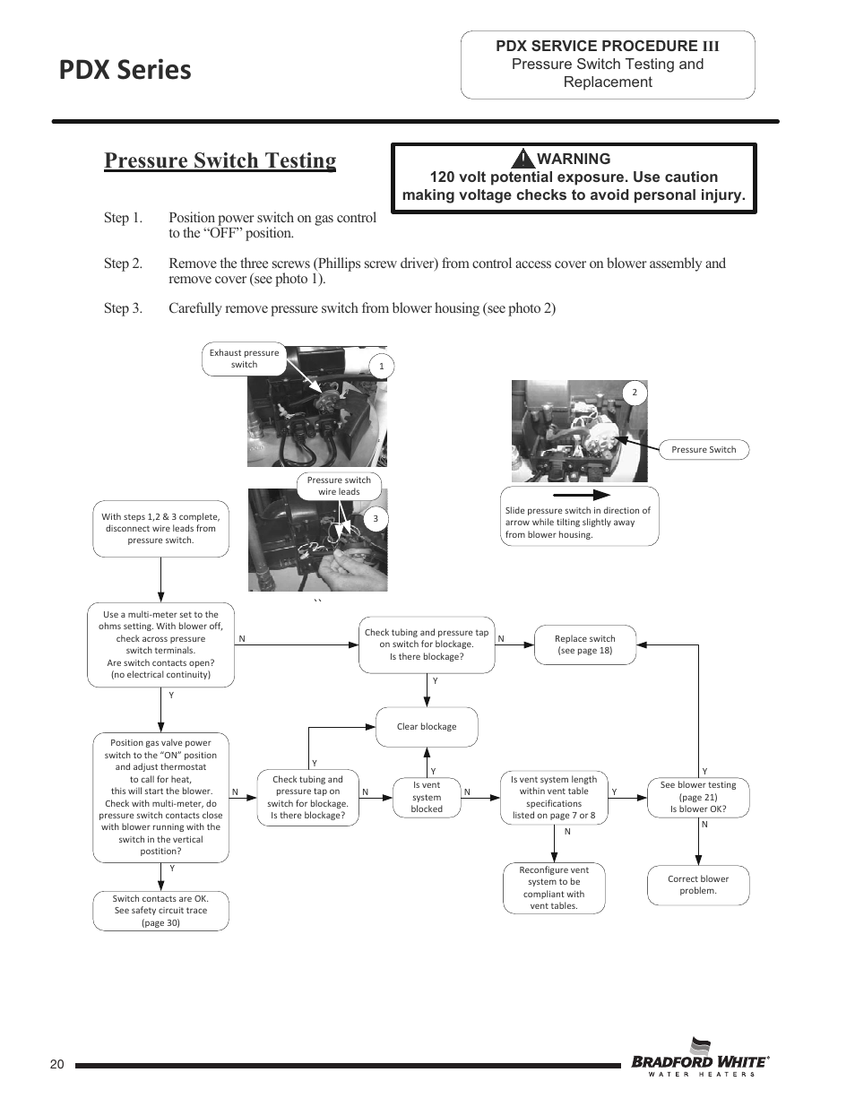 Pdx series, Pressure switch testing | Bradford White PDX-75S-70FB-3X User Manual | Page 20 / 44