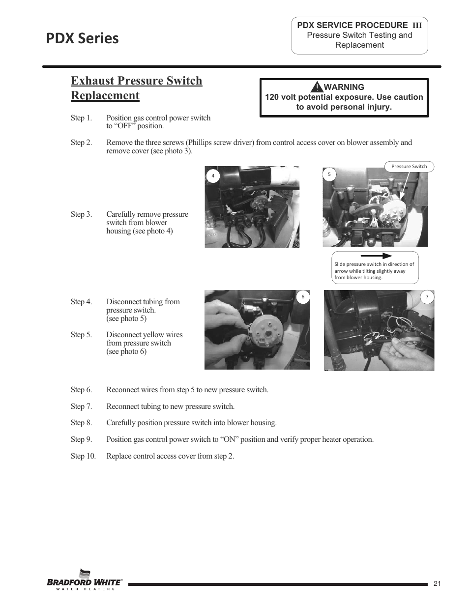 Pdx series, Exhaust pressure switch replacement | Bradford White PDX-75S-70FB-3X User Manual | Page 21 / 44