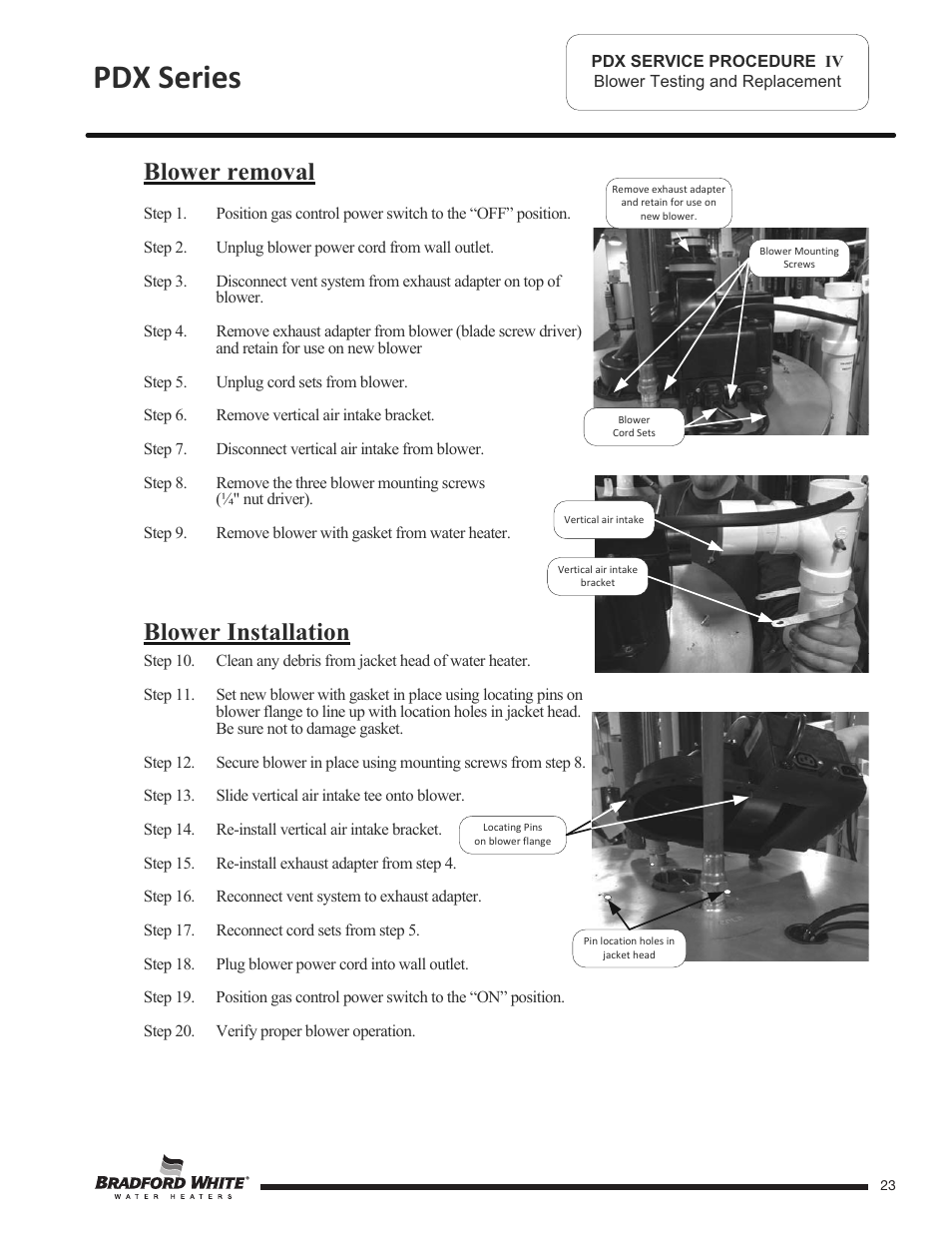 Pdx series, Blower removal blower installation | Bradford White PDX-75S-70FB-3X User Manual | Page 23 / 44