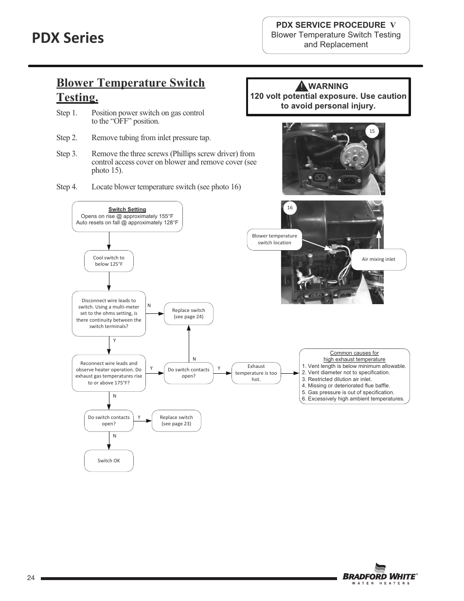 Pdx series, Blower temperature switch testing | Bradford White PDX-75S-70FB-3X User Manual | Page 24 / 44