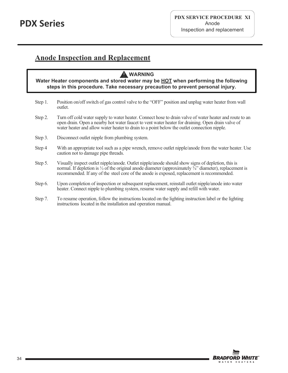 Pdx series, Anode inspection and replacement | Bradford White PDX-75S-70FB-3X User Manual | Page 34 / 44