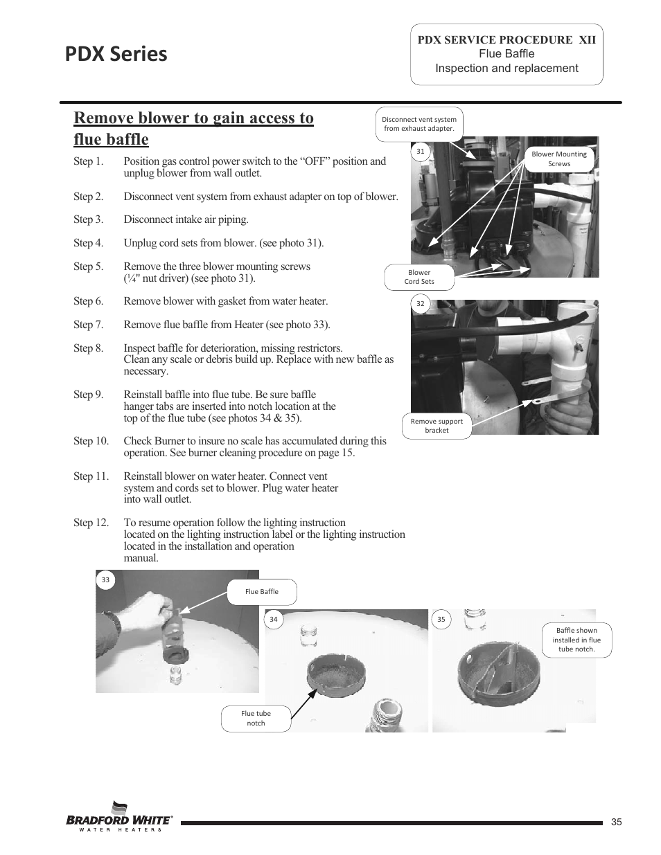 Pdx series, Remove blower to gain access to flue baffle | Bradford White PDX-75S-70FB-3X User Manual | Page 35 / 44