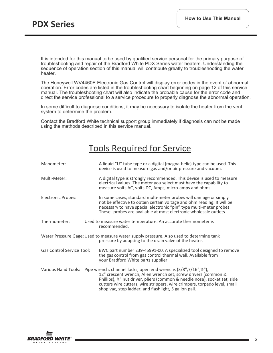Tools required for service, Pdx series | Bradford White PDX-75S-70FB-3X User Manual | Page 5 / 44