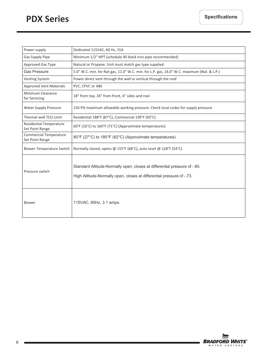 Pdx series | Bradford White PDX-75S-70FB-3X User Manual | Page 6 / 44