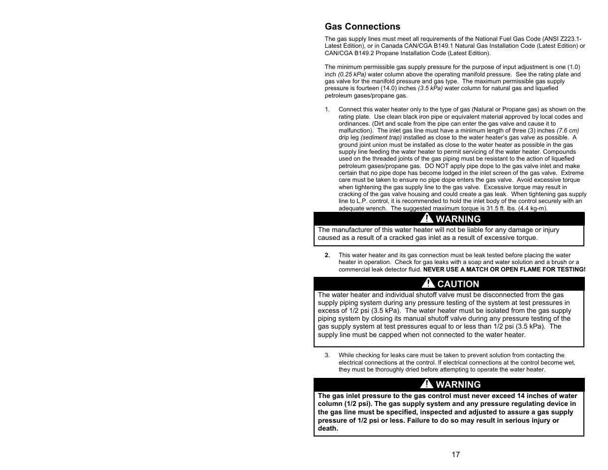 Gas connections, Warning caution warning | Bradford White UDH-75T-50FR-3N User Manual | Page 17 / 32