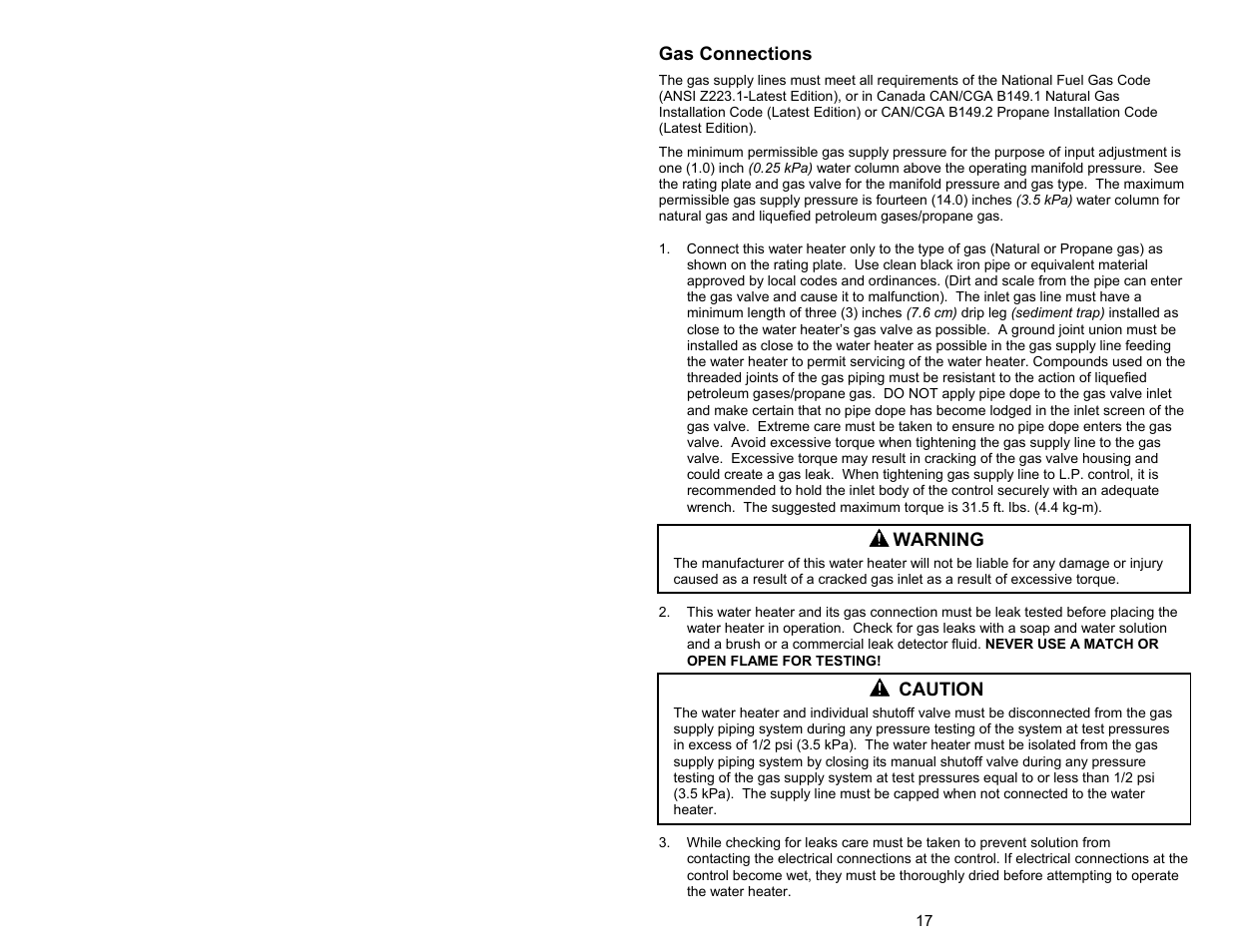 Gas connections, Warning, Caution | Bradford White DH1-75S6FSX User Manual | Page 17 / 32