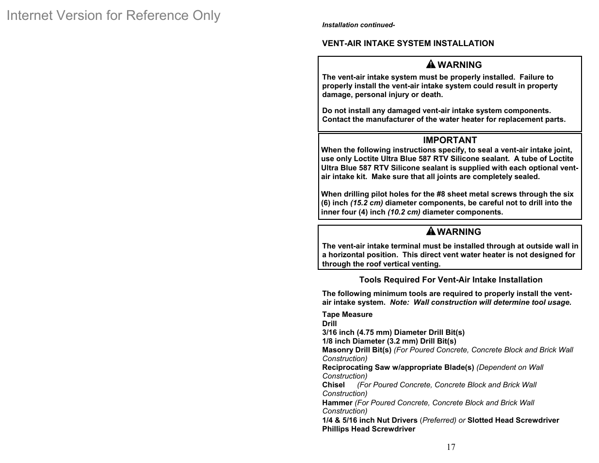 Important, Tools required for vent-air intake installation, Drill | Internet version for reference only | Bradford White DH-75T-60FB-3X User Manual | Page 17 / 40