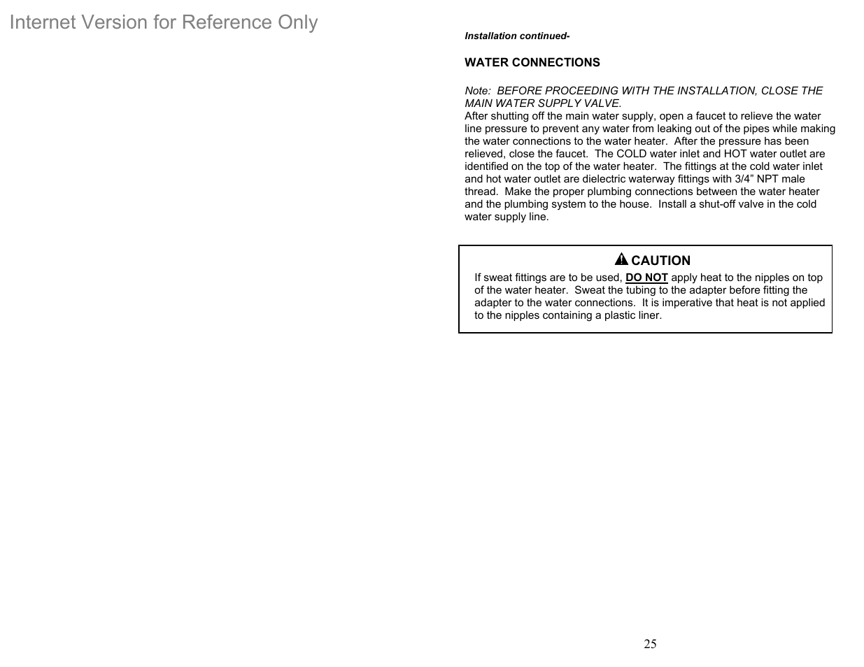 Water connections, Internet version for reference only | Bradford White DH-75T-60FB-3X User Manual | Page 25 / 40