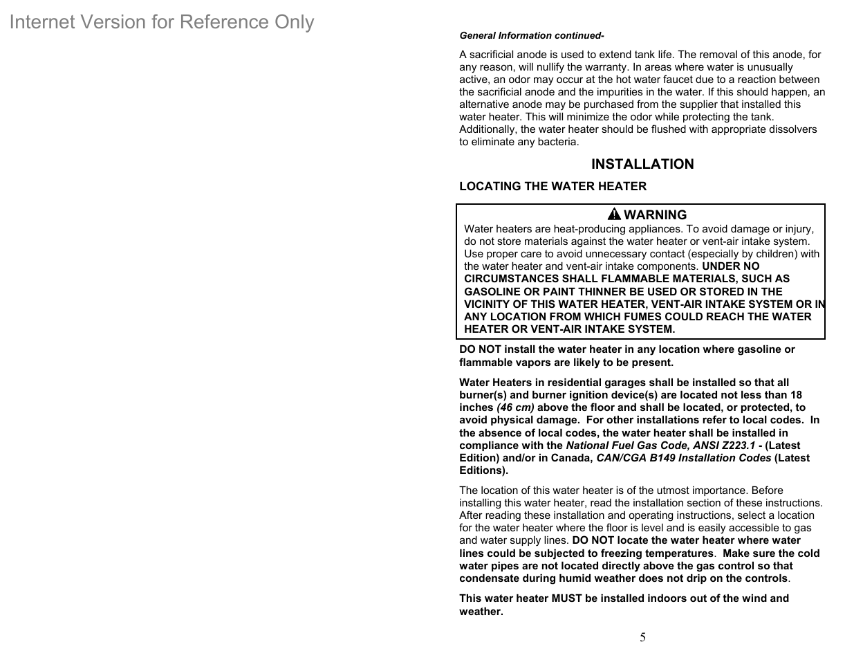 Internet version for reference only, Installation | Bradford White DH-75T-60FB-3X User Manual | Page 5 / 40