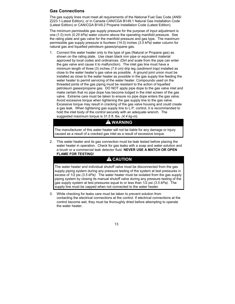 Gas connections, Warning, Caution | Bradford White M-I-MH40T6FLX User Manual | Page 13 / 32