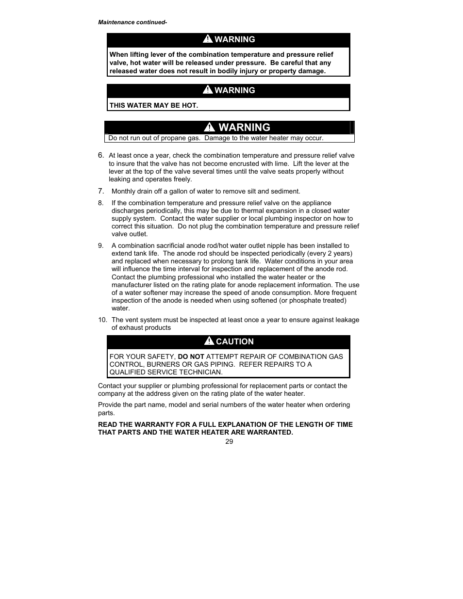 Warning, Caution | Bradford White M-I-MH40T6FLX User Manual | Page 29 / 32