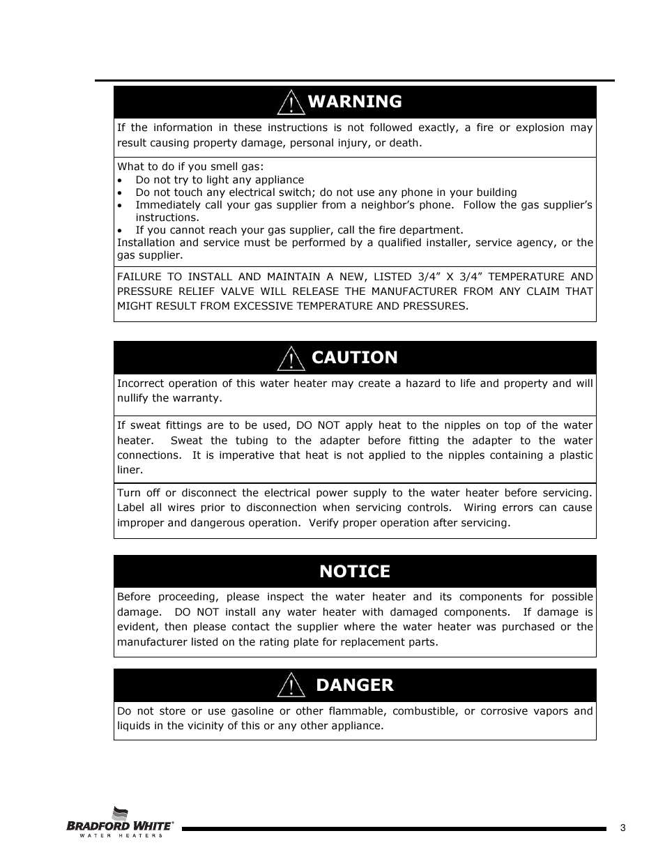 Warning, Caution, Danger | Notice | Bradford White PE-2-XR504T6FSX User Manual | Page 3 / 32