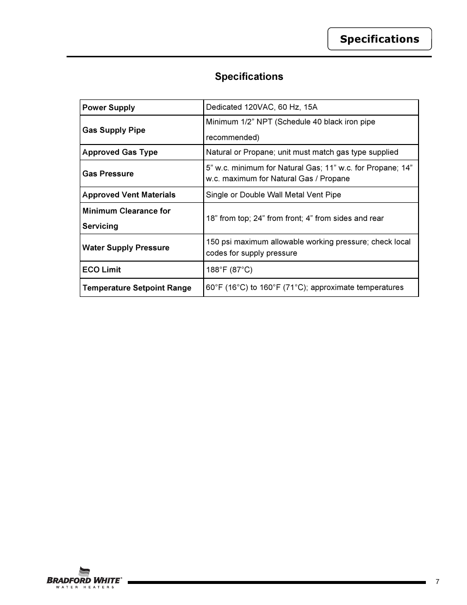 Specifications | Bradford White PE-2-XR504T6FSX User Manual | Page 7 / 32