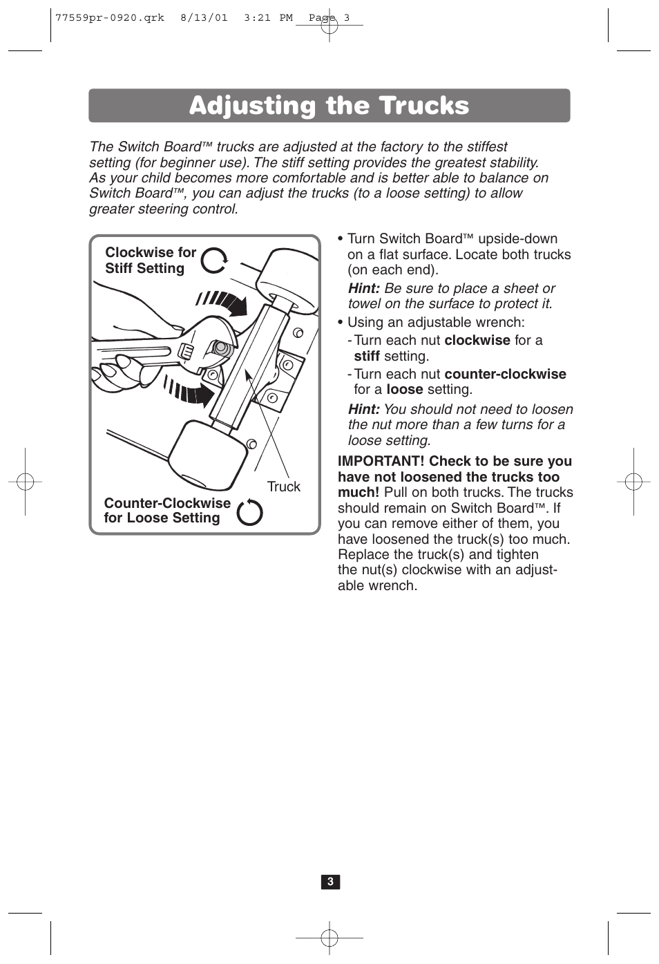 Adjusting the trucks | Barbie SWITCHBOARD 77211 User Manual | Page 3 / 6