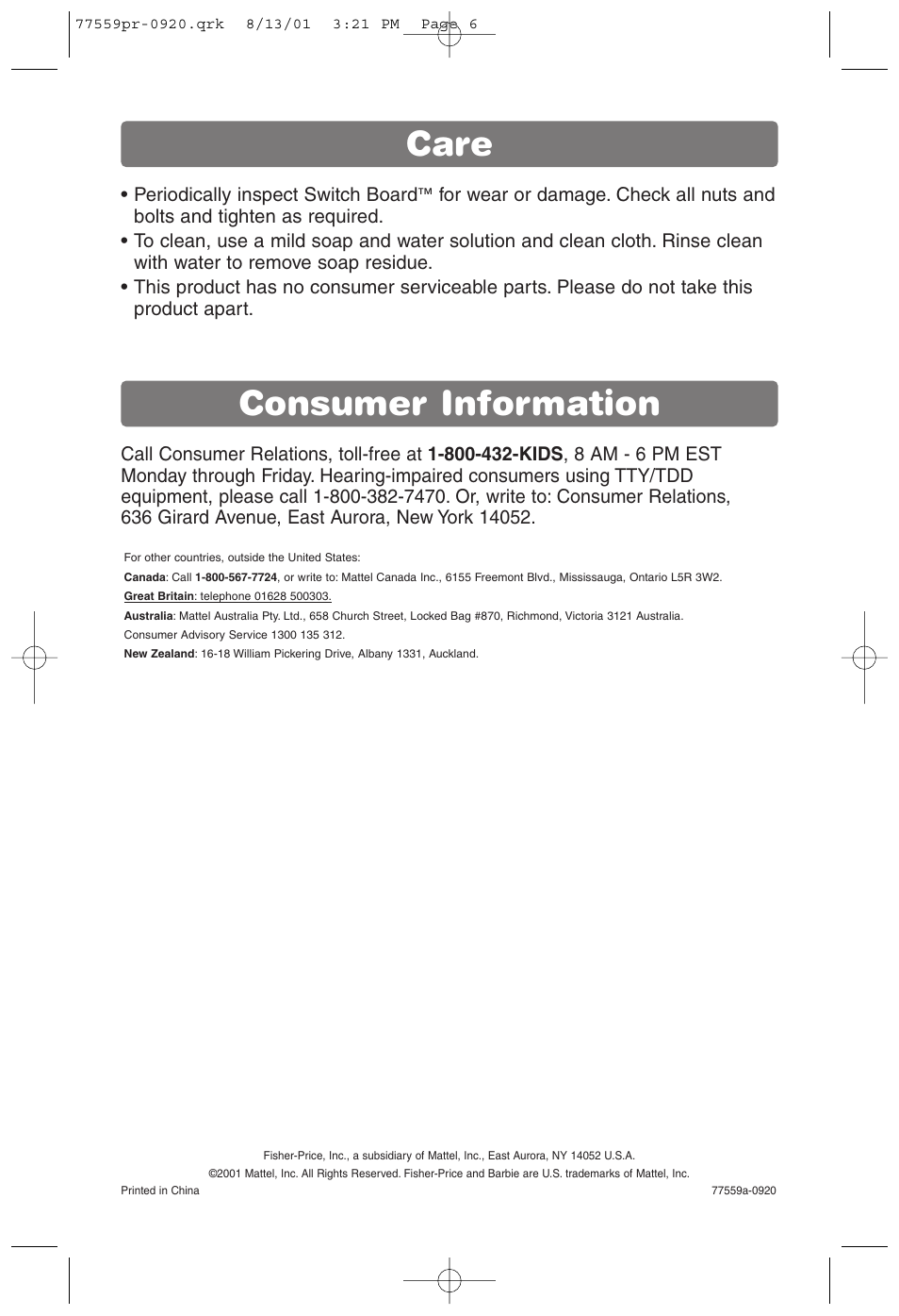 Care consumer information | Barbie SWITCHBOARD 77211 User Manual | Page 6 / 6