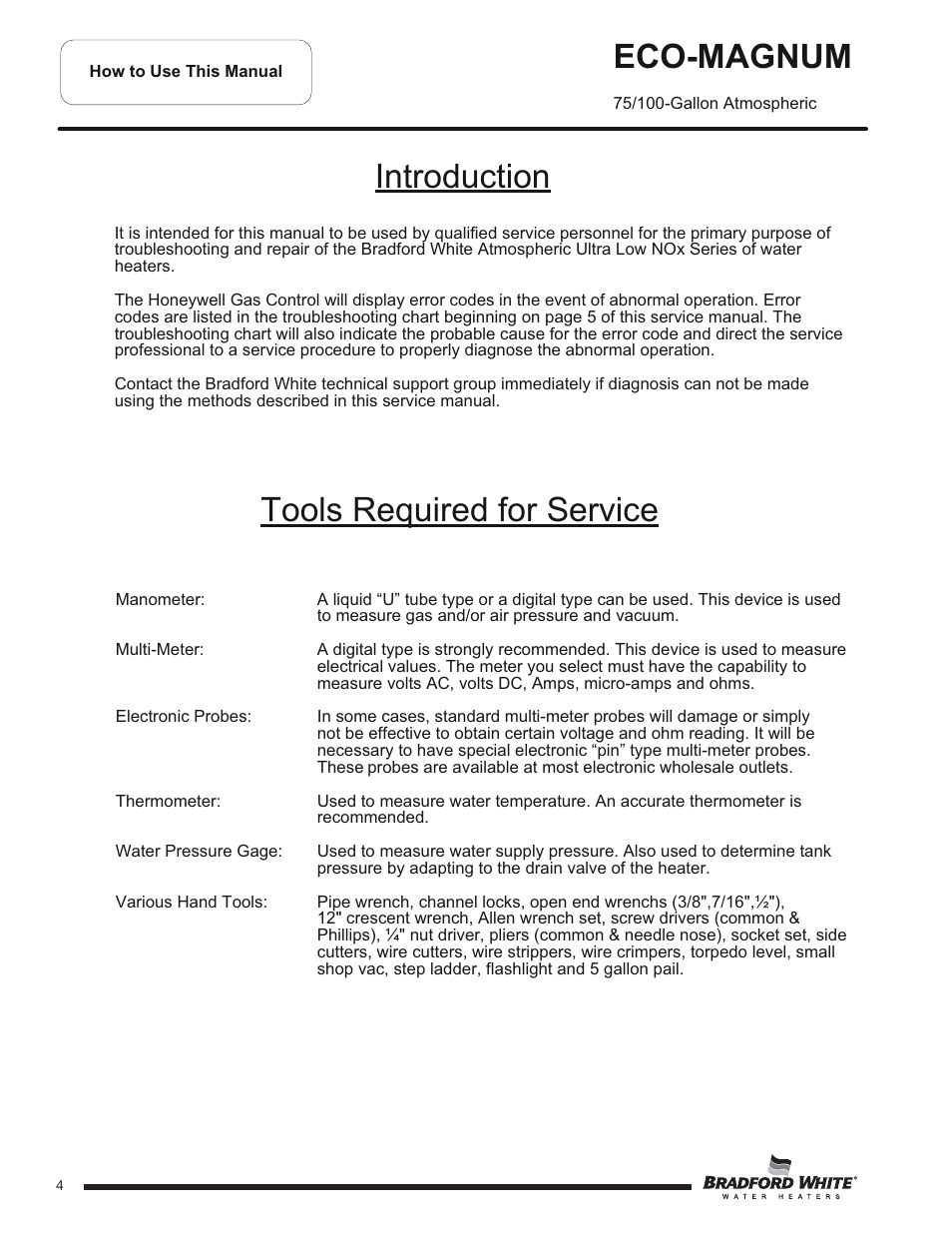 Tools required for service, Eco-magnum, Introduction | Bradford White U-100T-88R-3N User Manual | Page 4 / 28