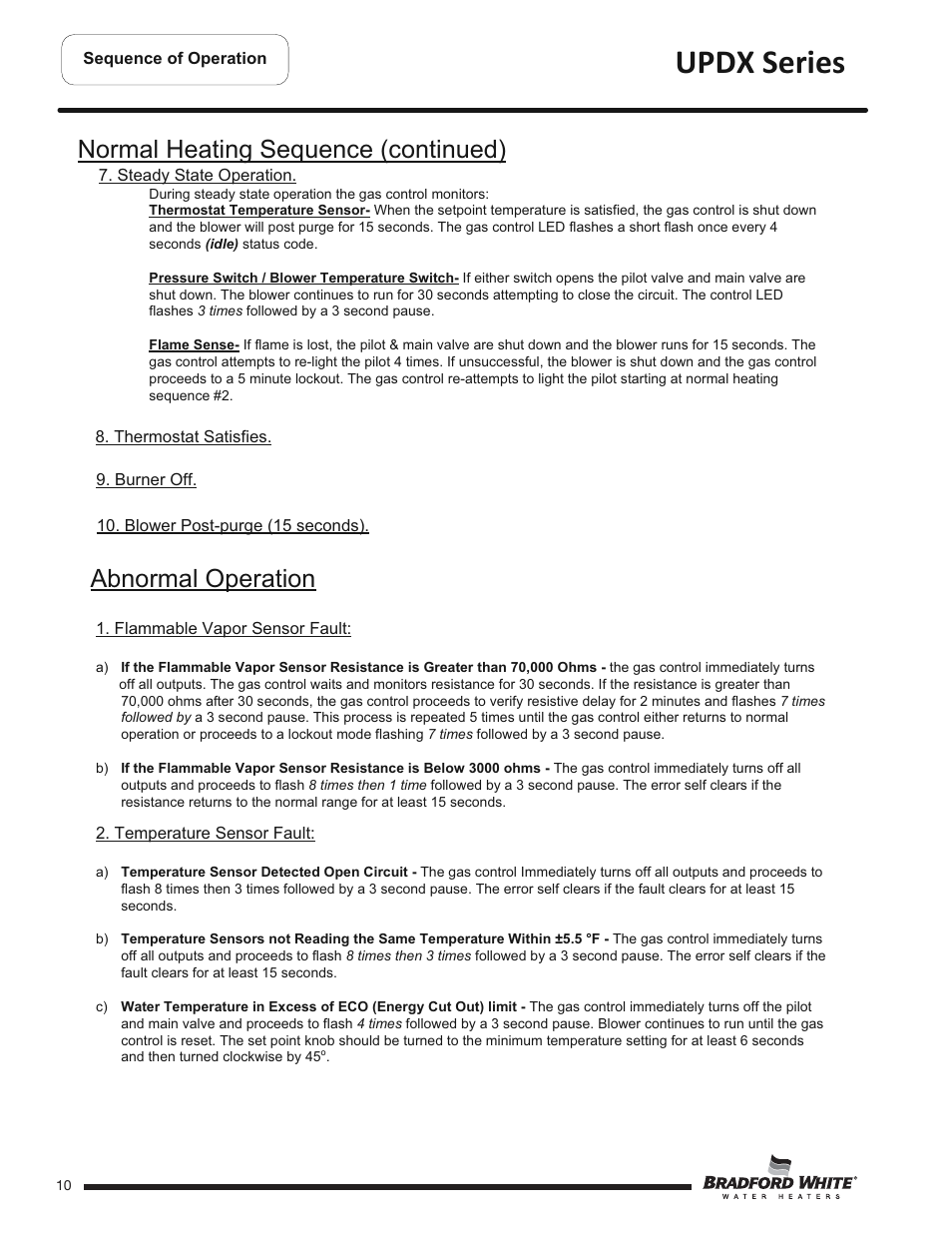 Updx series, Abnormal operation, Normal heating sequence (continued) | Bradford White UPDX2-75T6FRN User Manual | Page 10 / 44