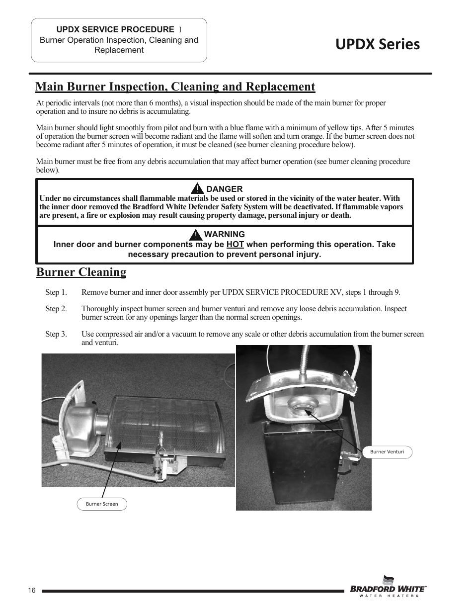 Updx series, Main burner inspection, cleaning and replacement, Burner cleaning | Bradford White UPDX2-75T6FRN User Manual | Page 16 / 44