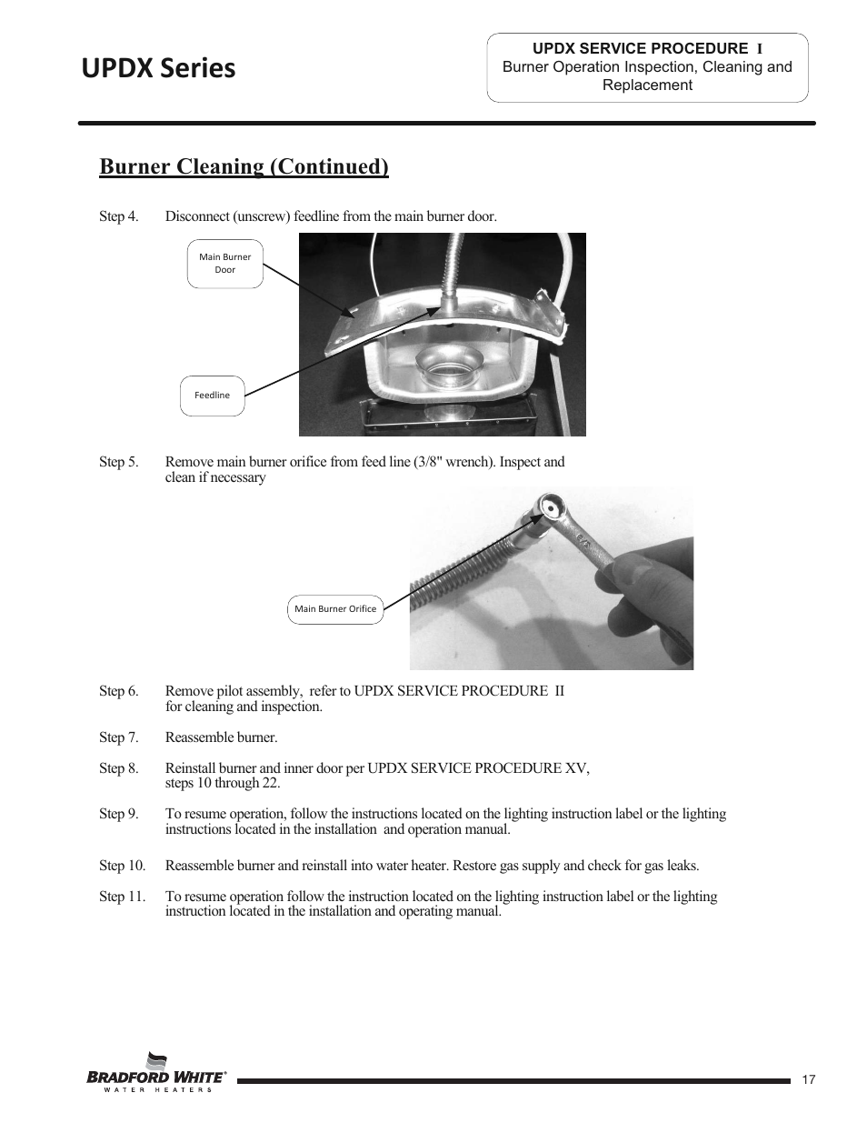 Updx series, Burner cleaning (continued) | Bradford White UPDX2-75T6FRN User Manual | Page 17 / 44